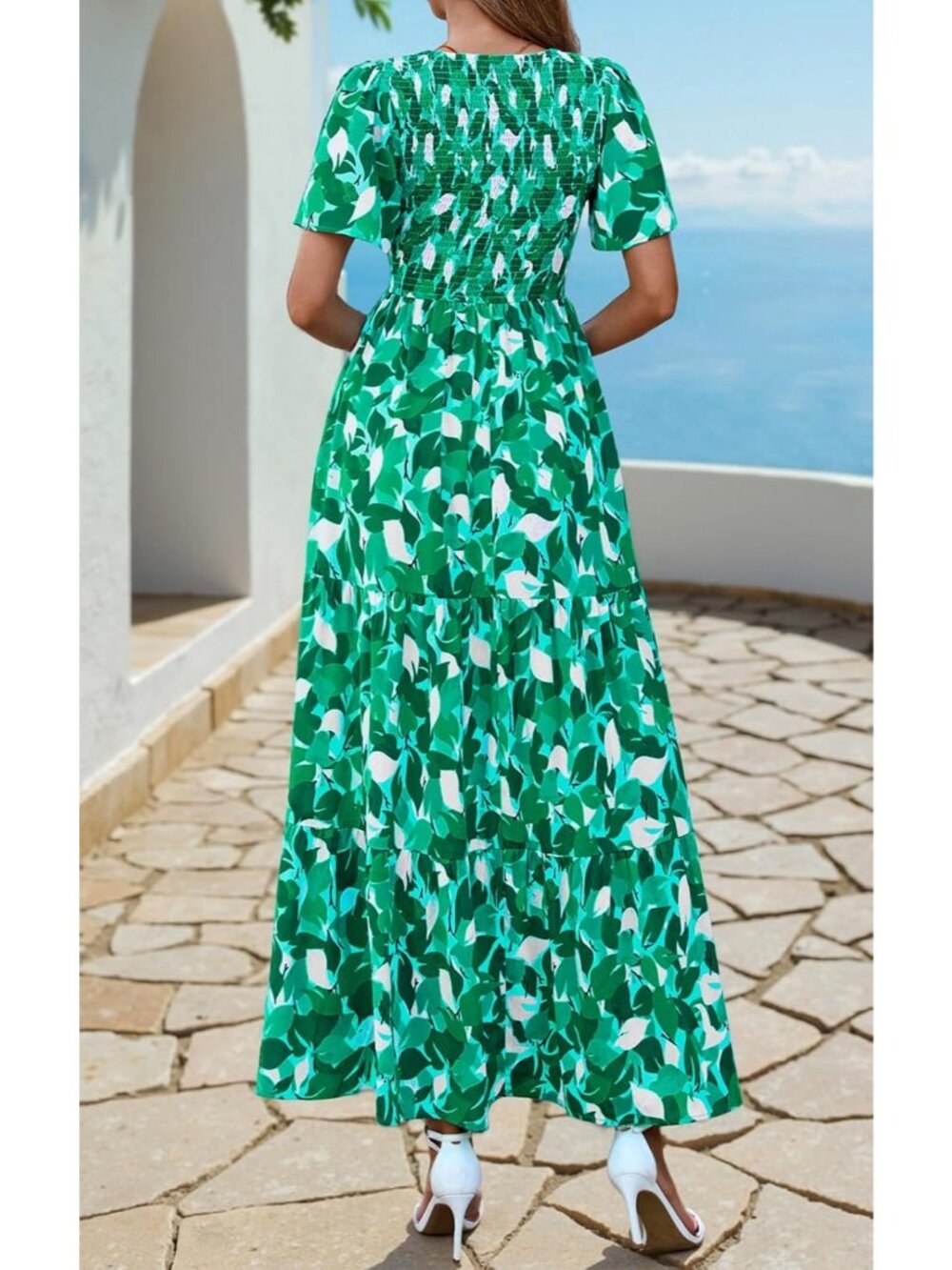 Women's Green Flutter Short Sleeve Boho Floral Maxi Crew Neck Tiered Long Dress - Picture 5 of 5